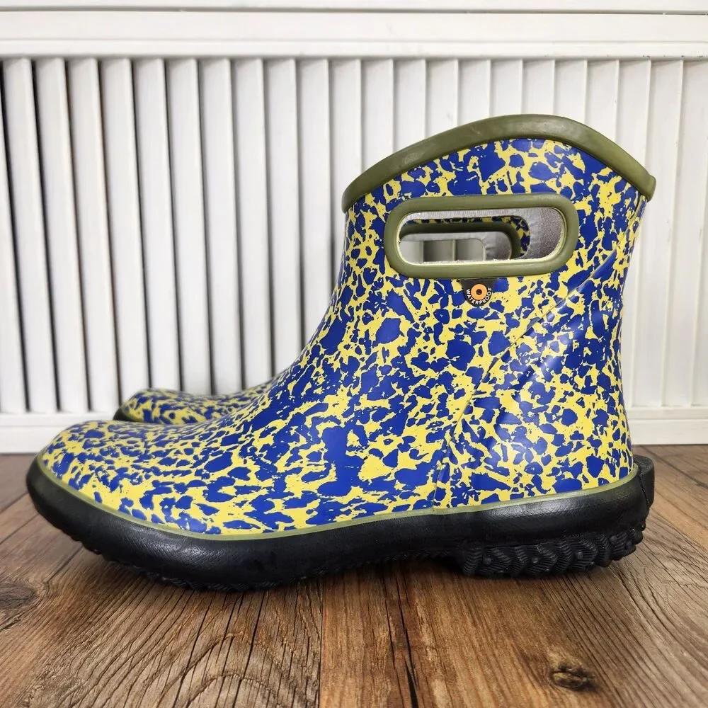 Bogs Patch Rain Boots Womens Sz 10 Blue Yellow Spot Splatter Rubber Ankle Garden